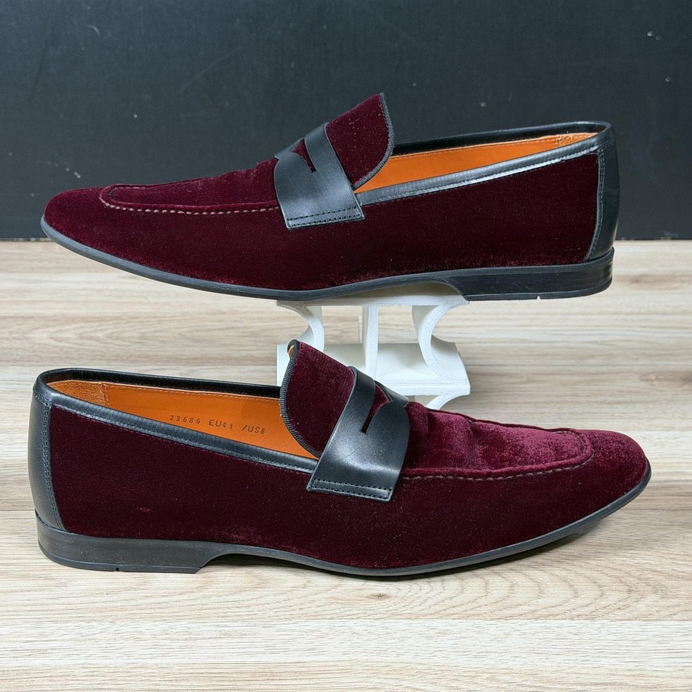 Magnanni Vale Shoes Mens Size 8 Red Black Velvet Leather Penny Loafers Preppy